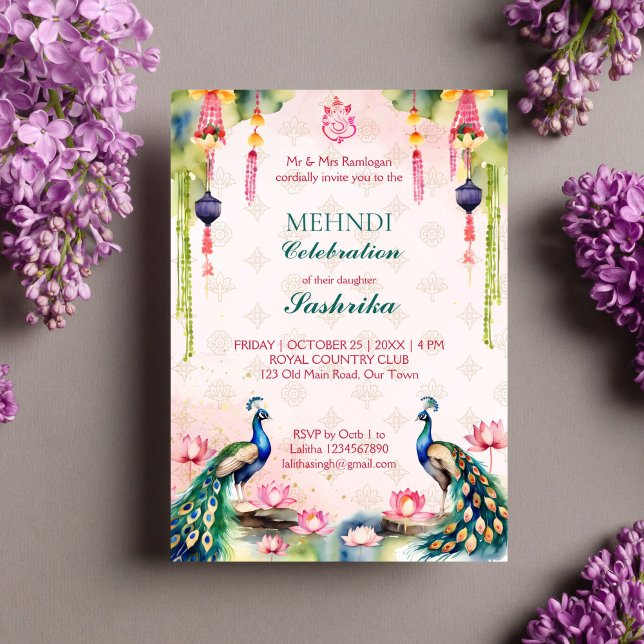 Peacock und lotus watercolor indische Hochzeitsmet Einladung (Peacocks and lotus Indian wedding mehndi invitation editable template instant digital download)