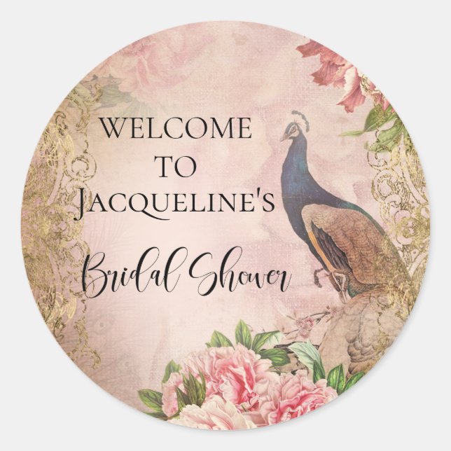 Peacock Vintag Elegantes Rosa Peony Brautparty Runder Aufkleber (Vorderseite)