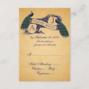 Peacock Vintage Wedding RSVP CARD Blau