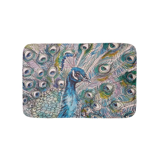 Peacock Wasserfarbenmalerei Vögel Bath Mat Badematte (Vorderseite)