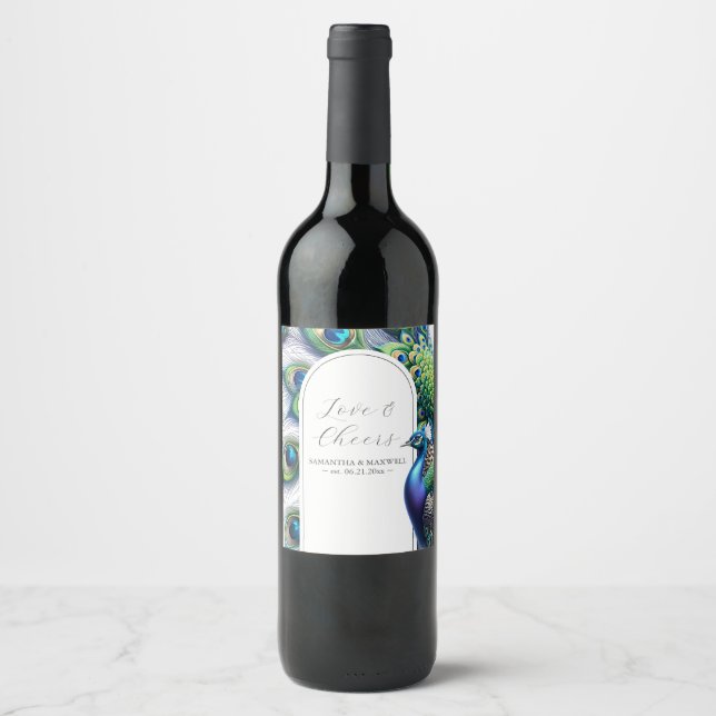 Peacock Wedding Custom Wine Bottle Labels Weinetikett (Vorderseite)