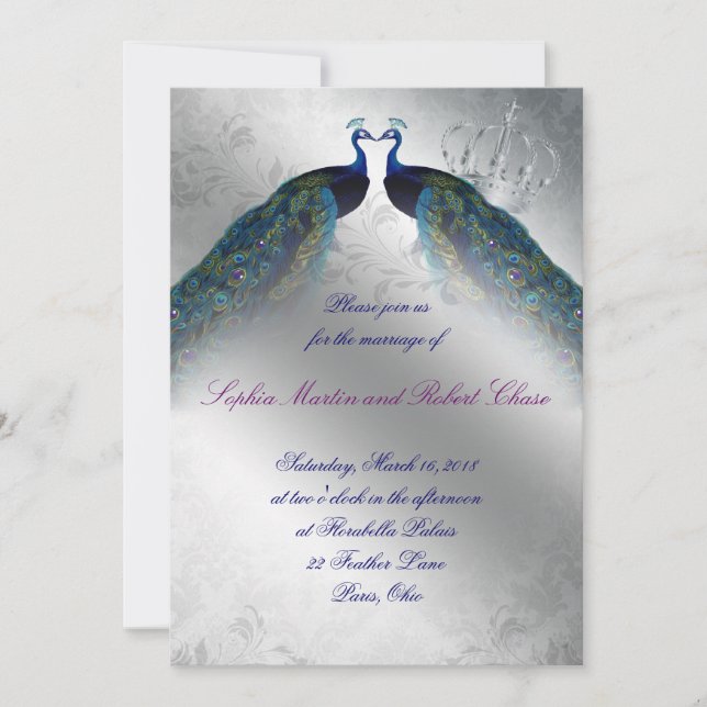 Peacock Wedding Invite Blue Silver Vintag Mod Einladung (Vorderseite)