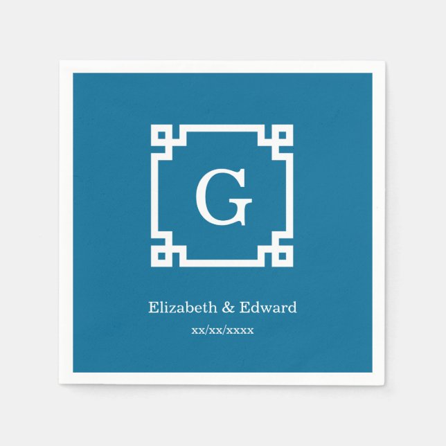 Peacock White Greece Key Gerahmt #2 Initial Monogr Serviette (Vorderseite)