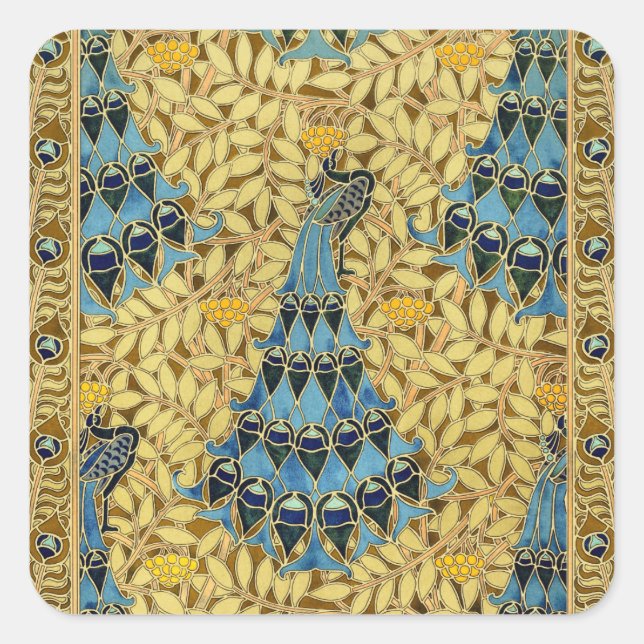 Peacocks Birds Rowan Trees Art Nouveau Quadratischer Aufkleber (Vorderseite)