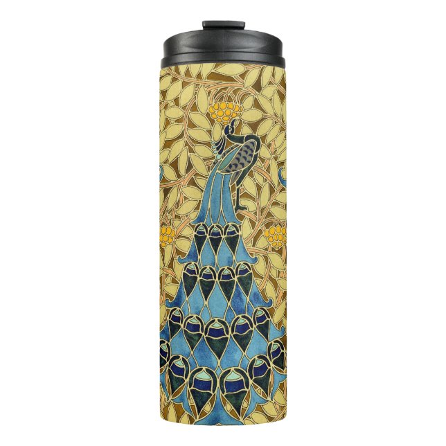Peacocks Birds Rowan Trees Art Nouveau Thermosbecher (Vorderseite)