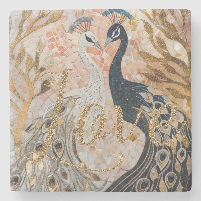 Peacocks Gold Glitzer Liebe Blush Rose Steinuntersetzer (Vorderseite)