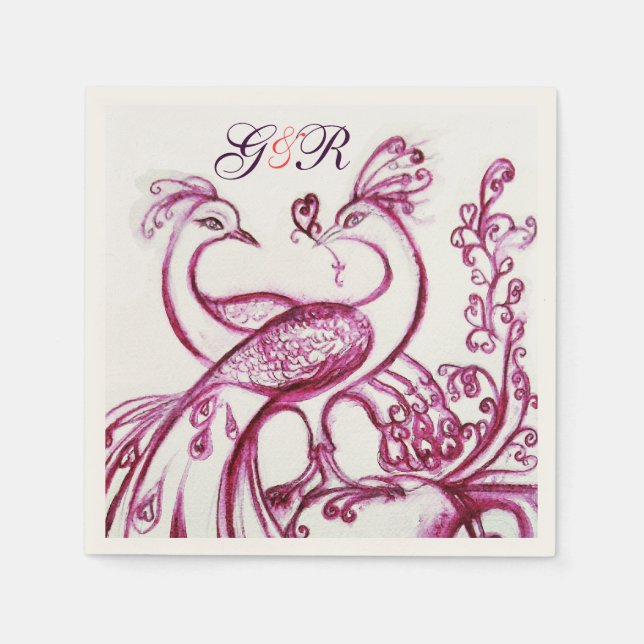 PEACOCKS IN LIEBE Lila White Wedding Monogramm Serviette (Vorderseite)