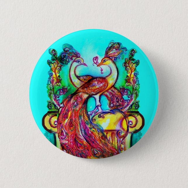 PEACOCKS IN LIEBE MONOGRAMM Rot-blaue Turquase grü Button (Vorderseite)