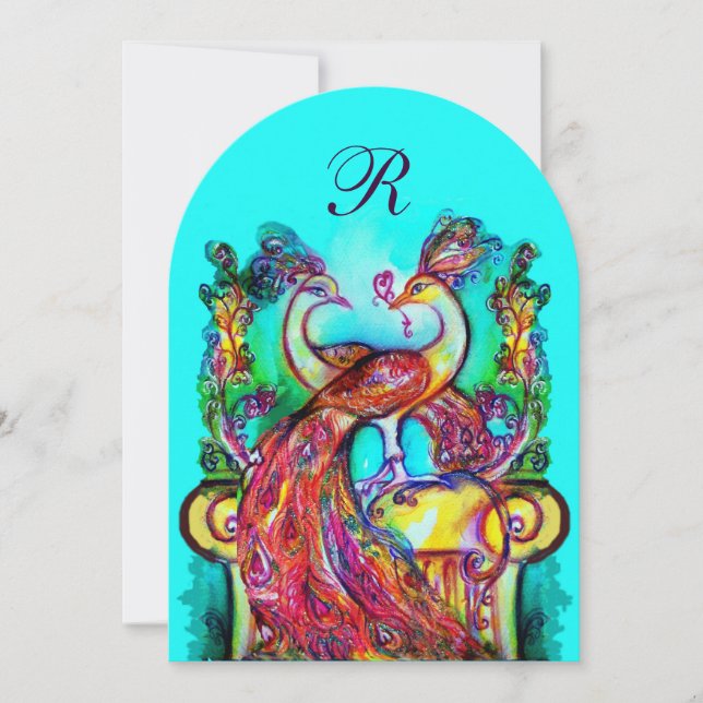 PEACOCKS IN LIEBE MONOGRAMM Rot-blaue Turquase grü Einladung (Vorderseite)
