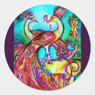 PEACOCKS IN LIEBE MONOGRAMM Rot-blaue Turquase grü Runder Aufkleber
