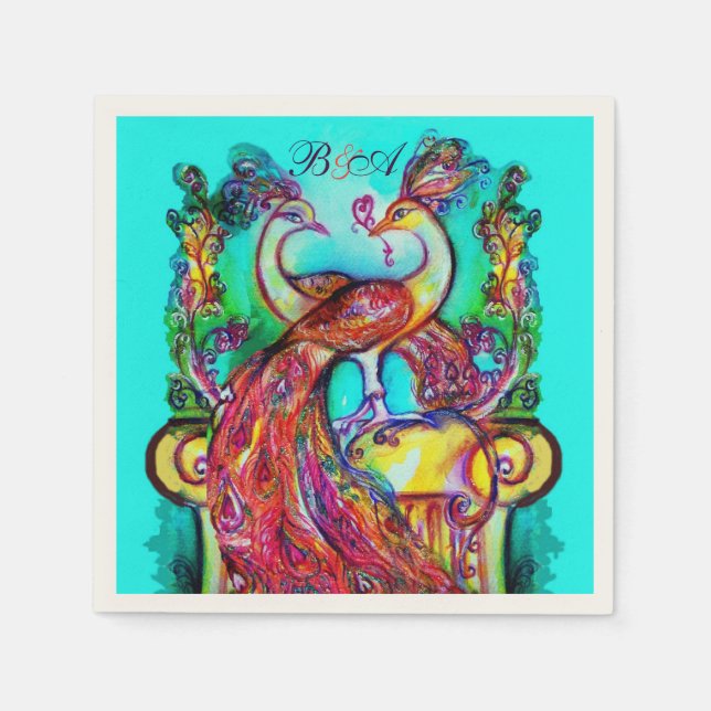 PEACOCKS IN LIEBE Red Aqua Blue Wedding Monogram Serviette (Vorderseite)