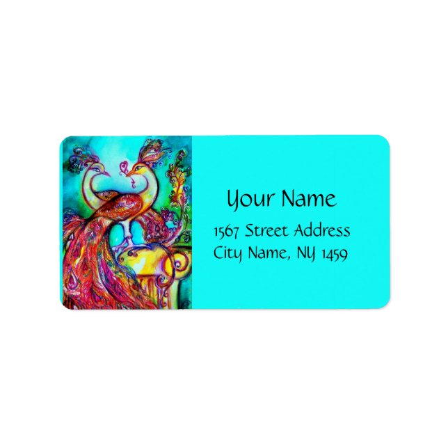 PEACOCKS IN LIEBE, Rot-Blau-Turquase-Grün Adressaufkleber (Vorne)