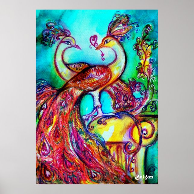 PEACOCKS IN LIEBE, Rot-Gelb-Turquase-Blau Poster (Vorne)
