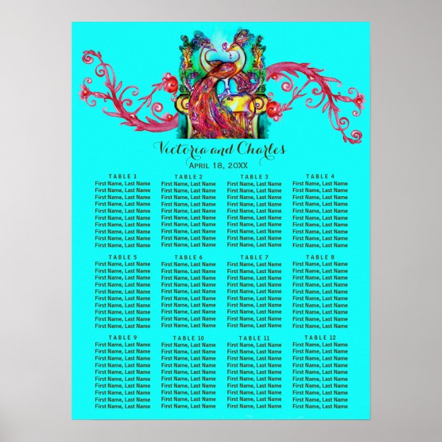 PEACOCKS LIEBE Roter Swirl Blaue Sitzkarte Poster (Vorne)