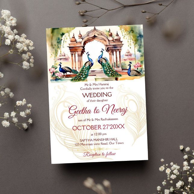 Peacocks Lotus Garten Indische Hochzeitsplanung Einladung (Peacocks in Indian Victorian lotus garden editable template invitation digital download watercolor)