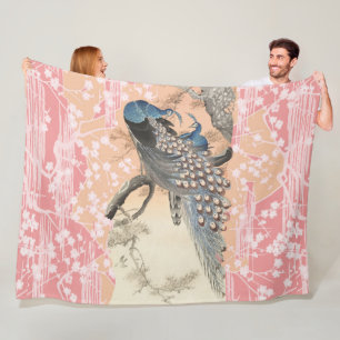PEACOCKS, PINK WHITE SAKURA BLUME Japanisch Blumen Fleecedecke