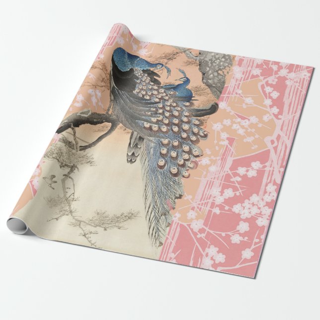 PEACOCKS, PINK WHITE SAKURA BLUME Japanisch Blumen Geschenkpapier (Ungerollt)
