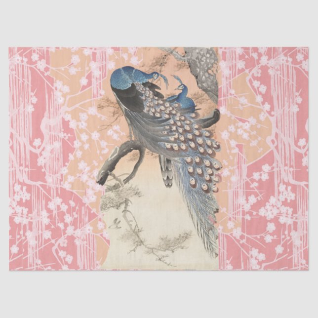 PEACOCKS, PINK WHITE SAKURA BLUME Japanisch Blumen Seidenpapier (Vorderseite)