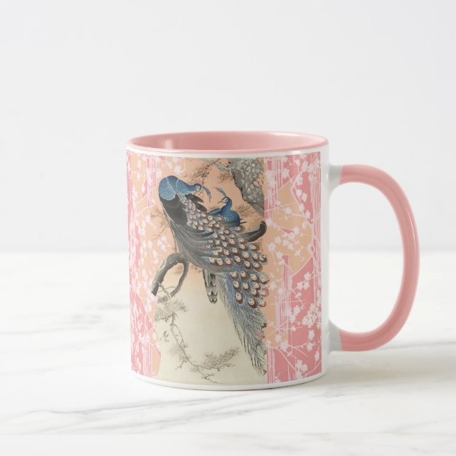 PEACOCKS, PINK WHITE SAKURA BLUME Japanisch Blumen Tasse (Rechts)