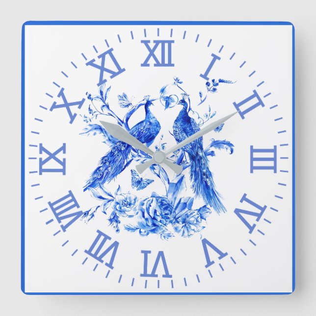 Peacocks Porzellan Blue Wall Clock Quadratische Wanduhr (Vorderseite)