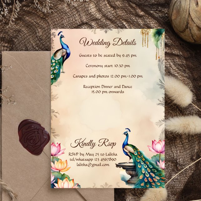 Peacocks Vintager Königsgarten Indische Hochzeit Einladung (Peacocks vintage royal garden Indian wedding Invitation RSVP wedding details card editable template)
