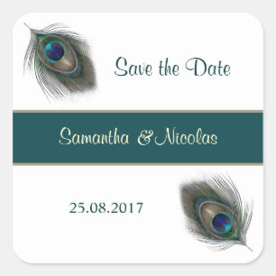Peacok Feathers Hochzeitsticker Save the Date Quadratischer Aufkleber