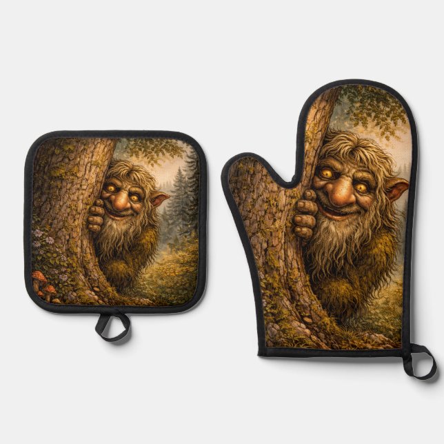 Peaking Norwegian Troll, Oven Mitt and Pot Holder Ofenhandschuh & Topflappen-Set (Vorderseite)
