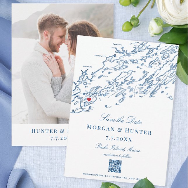 Peaks Island Maine Casco Bay Eleganter QR-Code Save The Date (The QR code on these Peaks Island Maine save the dates makes visiting your website easy.)