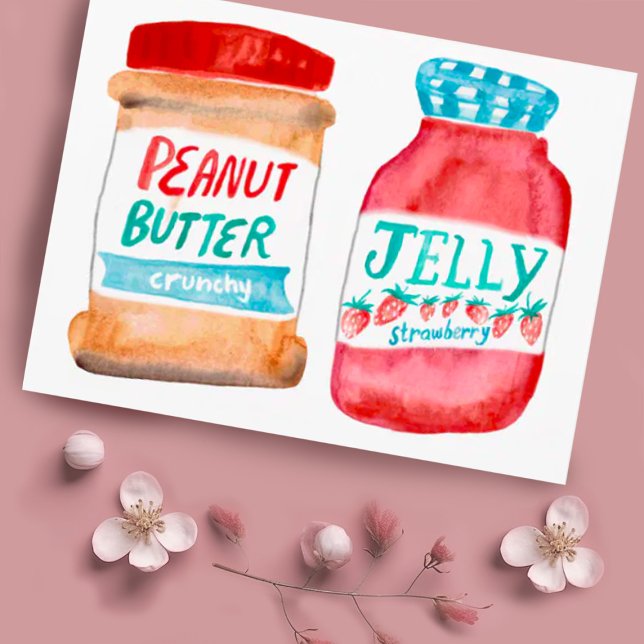 Peanut Butter und Jelly Watercolor Postkarte (Cute watercolor peanut butter and jelly jars. Add your own text to this postcard!)