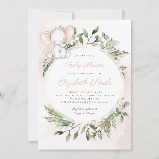 Peanut Elephant Girl Greenery Baby Shower Einladung (Vorderseite)
