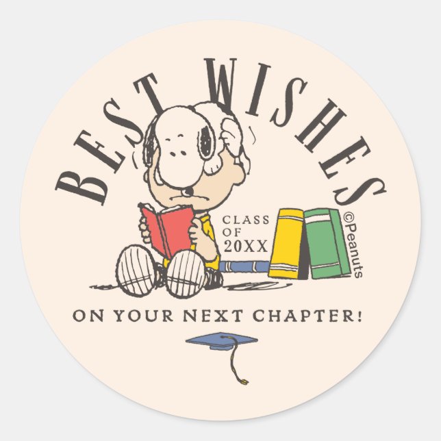 Peanuts Best Wishes Graduation Snoopy Reading Runder Aufkleber (Vorderseite)