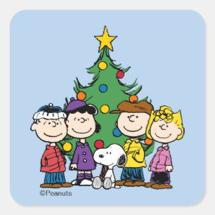 Peanuts Die Gang rund um den Weihnachtsbaum Quad Quadratischer Aufkleber