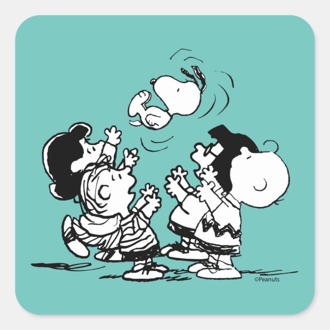Peanuts Gang Lifting Snoopy Quadratischer Aufkleber (Vorderseite)