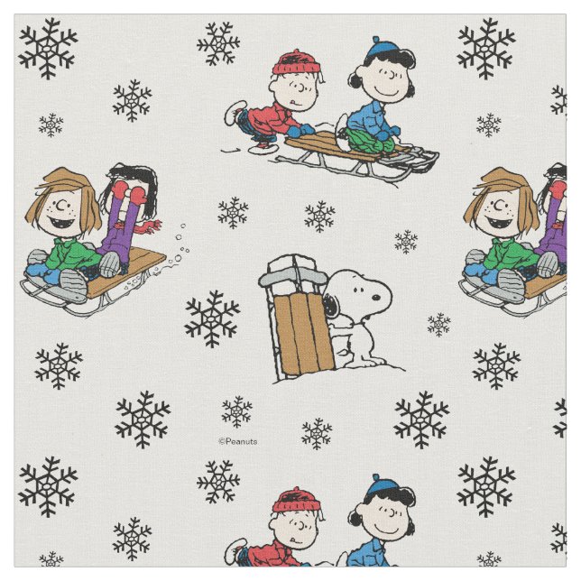 Peanuts Gang Sledding and Snowflakes Stoff (Nahaufnahme)