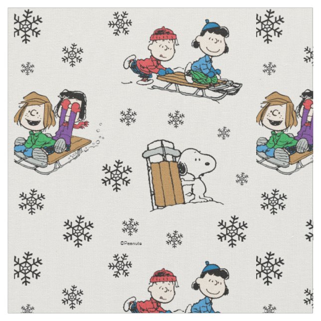 Peanuts-Gruppe Schlittenfahren und Schneeflocken Stoff (Nahaufnahme)