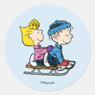 Peanuts Sally & Linus Schlittenfahren Runder Aufkleber