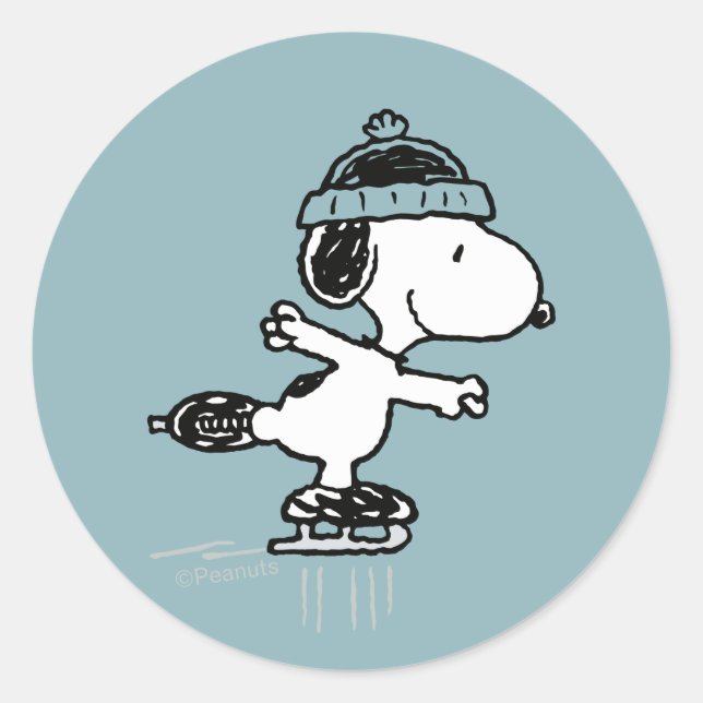 Peanuts | Snoopy auf Eis Runder Aufkleber (Vorderseite)