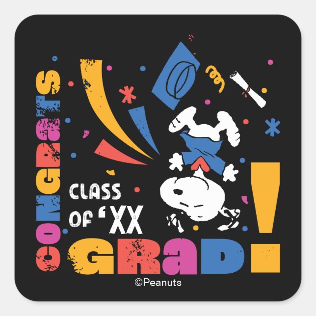 Peanuts Snoopy Congrats Grad Graduation Confetti Quadratischer Aufkleber (Vorderseite)