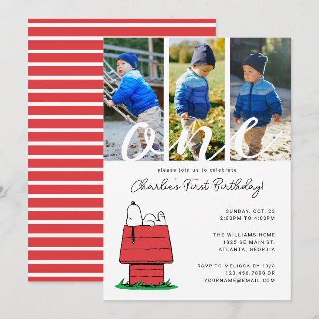 Peanuts Snoopy Dog Haus 1. Geburtstag Einladung (Vorne/Hinten)