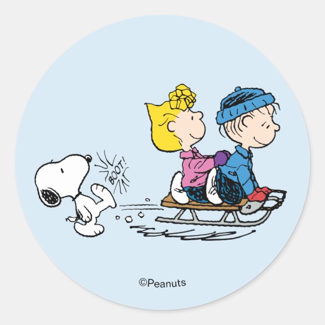 Peanuts | Snoopy, Sally & Linus Sled Riding Runder Aufkleber (Vorderseite)
