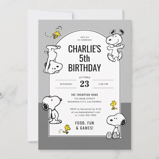 Peanuts Snoopy & Woodstock Grau Geburtstag Einladung (Vorderseite)