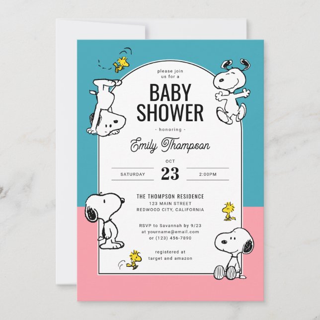 Peanuts Snoopy & Woodstock Pink & Blue Baby Dusche Einladung (Vorderseite)