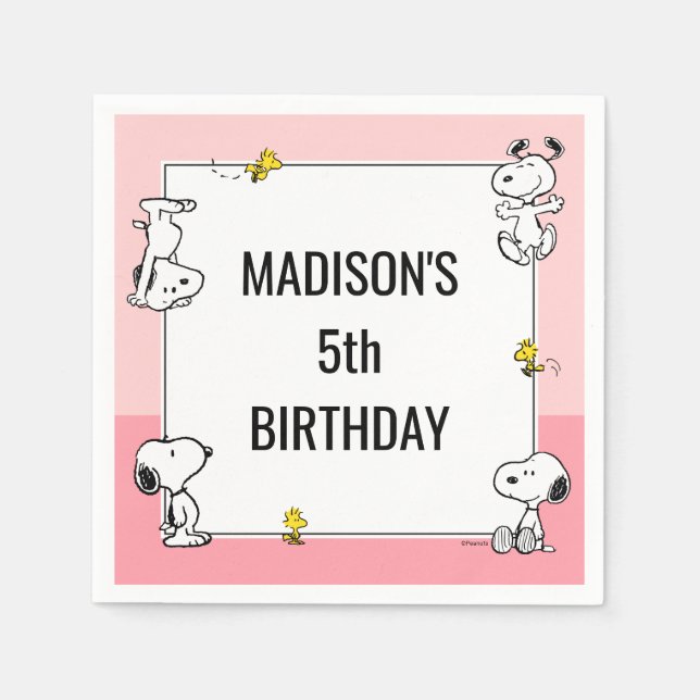 Peanuts Snoopy & Woodstock Pink Geburtstag Serviette (Vorderseite)