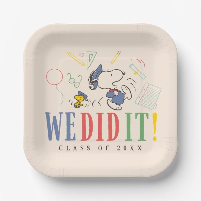 Peanuts Snoopy Woodstock We Did It Graduation Cap Pappteller (Vorderseite)
