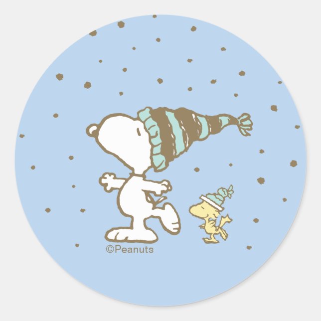 Peanuts | Snoopy & Woodstock Winter Skating Runder Aufkleber (Vorderseite)