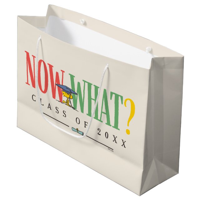 Peanuts Woodstock Now What Graduation Funny Quote Große Geschenktüte (Vorderseite Schrägansicht)