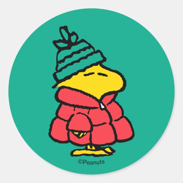Peanuts | Woodstock Puffy Winter Jacket Runder Aufkleber (Vorderseite)