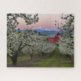 Pear Orchard in Bloom with Barn near Mount Hood Puzzle