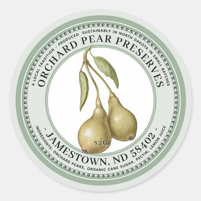 Pear Preserve Label Jam Jelly 1930 Grün Runder Aufkleber (Vorderseite)
