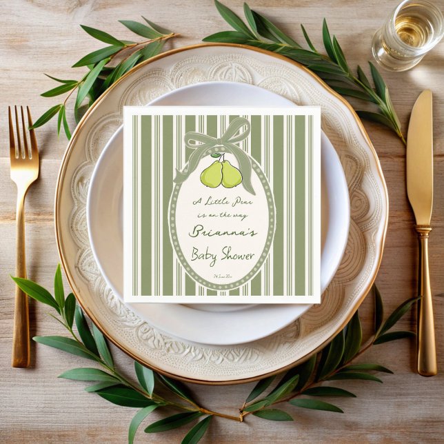 Pear sage green retro stripes baby shower custom serviette (Pear sage green retro stripes vintage baby shower custom napkins personalized decor )